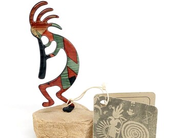 Lazart Metal Art Kokopelli Figurine, Native American Flute Player, Sandstone Base, Mini Miniature, Southwest Decor SW Desert, Vintage