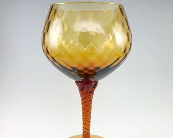 Vintage Empoli Hand Blown Amber Glass Brandy Snifter, Optic Twist Stemmed & Footed, Tall MCM Barware Handmade In Italy