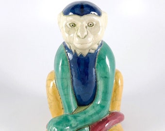 South African Raku Pottery, Sitting Rhesus Monkey Figurine, Hand Painted Colorful Ceramic, Vintage