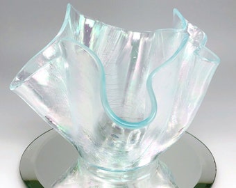 Art Glass Handkerchief Vase Iridescent Clear Swirl Wavy Slumped Freeform Tea Light Votive Candle Holder