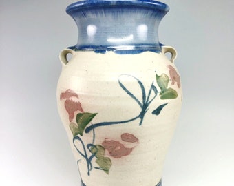 Benner Barclay Studio Vaso in ceramica Gres porcellanato dipinto a mano Fiori rosa Blu verde vintage