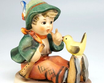 Hummel Goebel Singing Lesson Figurine, Bavarian Boy With Horn & Bird, Hand Painted Porcelain, Made In Germany, Vintage