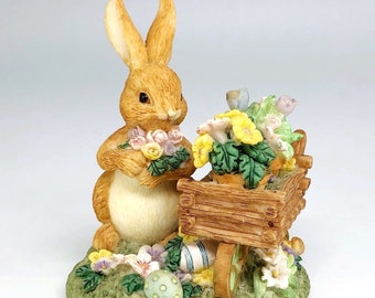 Russ Nature's Wonder Bunny With Wheelbarrow Figurine, Easter Flowers Floral Garden, Hand Painted Resin, Vintage 13975