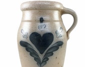 Rowe Pottery Works Handled Crock Jug Heart Salt Glazed Pottery Handmade Hand Painted Cambridge WI