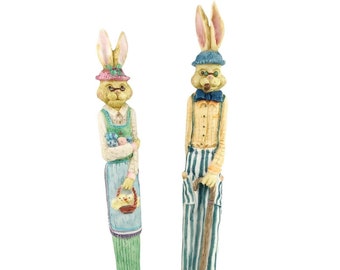 Tall Easter Bunny Rabbit Pencil Figurines Baby Chicks Easter Eggs Resin Pair Vintage