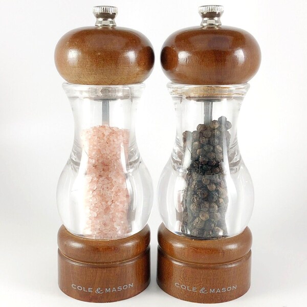 Cole & Mason Salt and Pepper Mills, Spice Grinders Shakers Set, Wood Clear Acrylic, Vintage Made in England