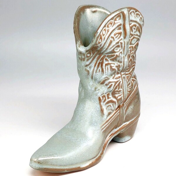 Frankoma Pottery #134 Cowboy Boot, Vase Planter Figurine, Sapulpa Clay & Woodland Moss Glaze, Vintage Made in USA