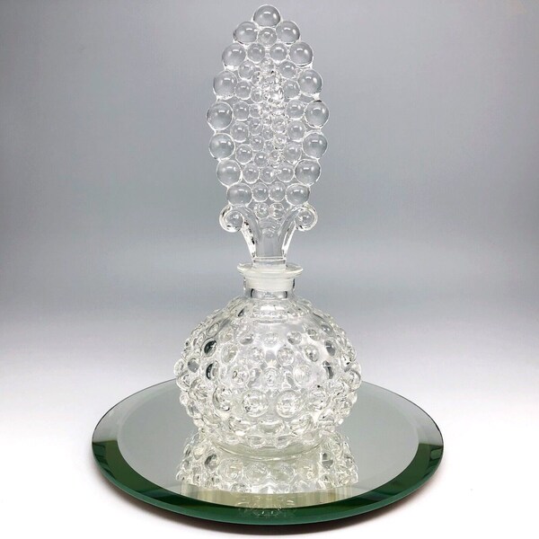 Clear Hobnail Glass Perfume Bottle Vanity Ground Stopper Large Pressed Molded Mid Century Vintage