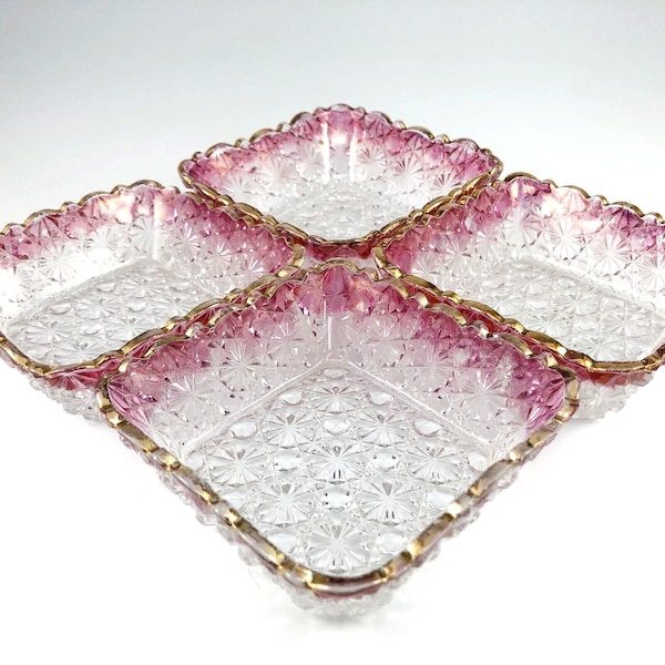 Hobbs Brockunier EAPG Berry Bowls Daisy Button Square Clear Pressed Glass Pink Gold Antique 1884