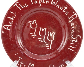 Mon-Aire Pottery Plate Paper Wants Rain Folk Art Pennsylvania Dutch Sayings York PA Vintage