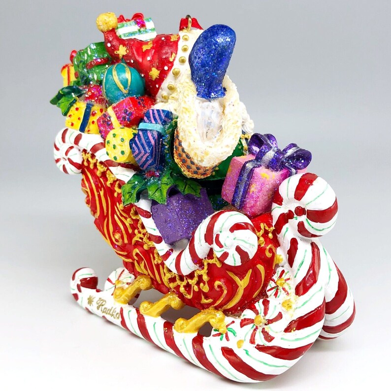 Christopher Radko Candy Ride Santa II, décoration de Noël en porcelaine peinte à la main, traîneau avec cadeaux, décoration de vacances vintage image 7