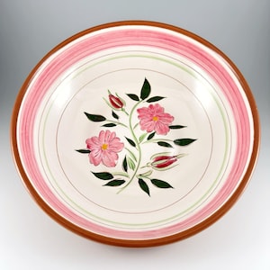 Puede incluir: Un cuenco redondo de cerámica con un diseño floral. El cuenco presenta un borde marrón, un borde a rayas rosas y un interior color crema. El interior está decorado con flores rosas, hojas verdes y capullos rojos.