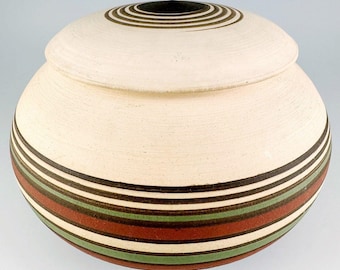 George Boutross Studio Pottery, Lidded Pot with Hand-Painted Concentric Circles, Made in USA
