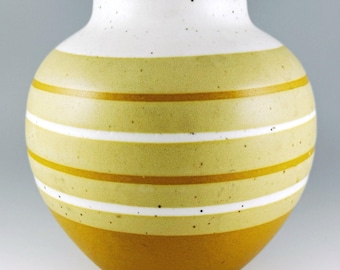 Otagiri Round Stoneware Pottery Vase, Hand Painted Yellow Speckled Stripes, Vintage Mid-Century, Made in Japan