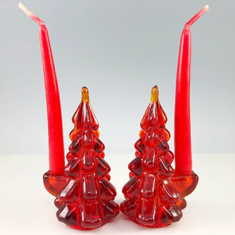 2 Red Glass Christmas Tree Tiny Taper Candle Holders Pair Pine Etsy