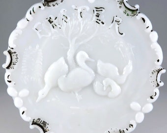 Dithridge EAPG White Milk Glass Easter Plate, Embossed Pressed Glass, Ducks & Eggs, Antique Victorian 1893