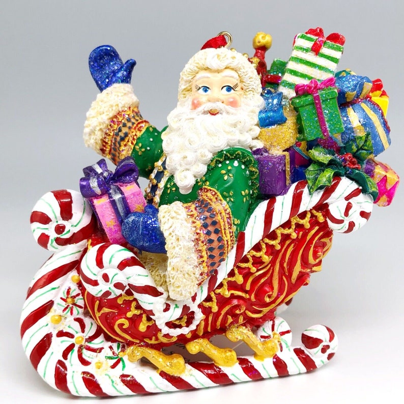 Christopher Radko Candy Ride Santa II, décoration de Noël en porcelaine peinte à la main, traîneau avec cadeaux, décoration de vacances vintage image 2