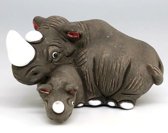 CIDCAL Peru Pottery Mother Rhinoceros & Baby Figurine Rhino Africa Animal Hand Painted Ceramic Handmade Vintage