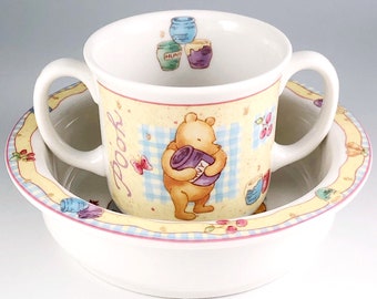 Royal Doulton Disney Winnie the Pooh Child's 2 Handled Cup & Bowl Eeyore Piglet Ceramic Vintage 2001