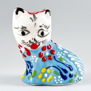 Bermuda Talavera Folk Art Pottery Hand Painted Cat Figurine Flowers Souvenir Vtg