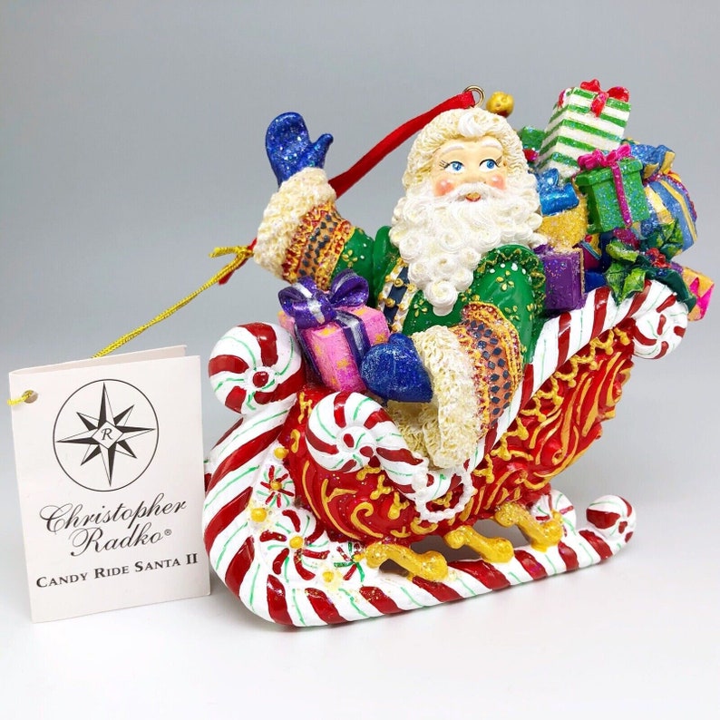 Christopher Radko Candy Ride Santa II, décoration de Noël en porcelaine peinte à la main, traîneau avec cadeaux, décoration de vacances vintage image 1