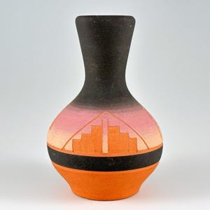 Swallow Sioux Pottery Mini Vase, Etched Terracotta with Sunset Design