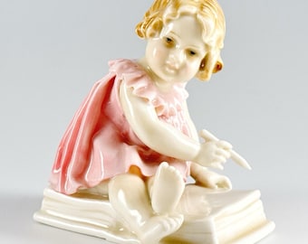 Karl Ens Dresden Hand-Painted Porcelain Figurine, Girl in Pink Dress On Book Holding Pencil, Vintage Volkstedt Germany - FREE USA SHIPPING