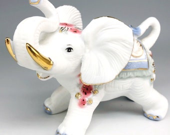 White Elephant Porcelain Figurine Trunk Up Raised Good Luck Hand Painted Flowers Vintage