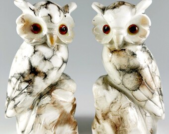 2 Enesco Faux Marble, Hand-Painted Ceramic Owl Figurines #E6109, Vintage Made in Japan