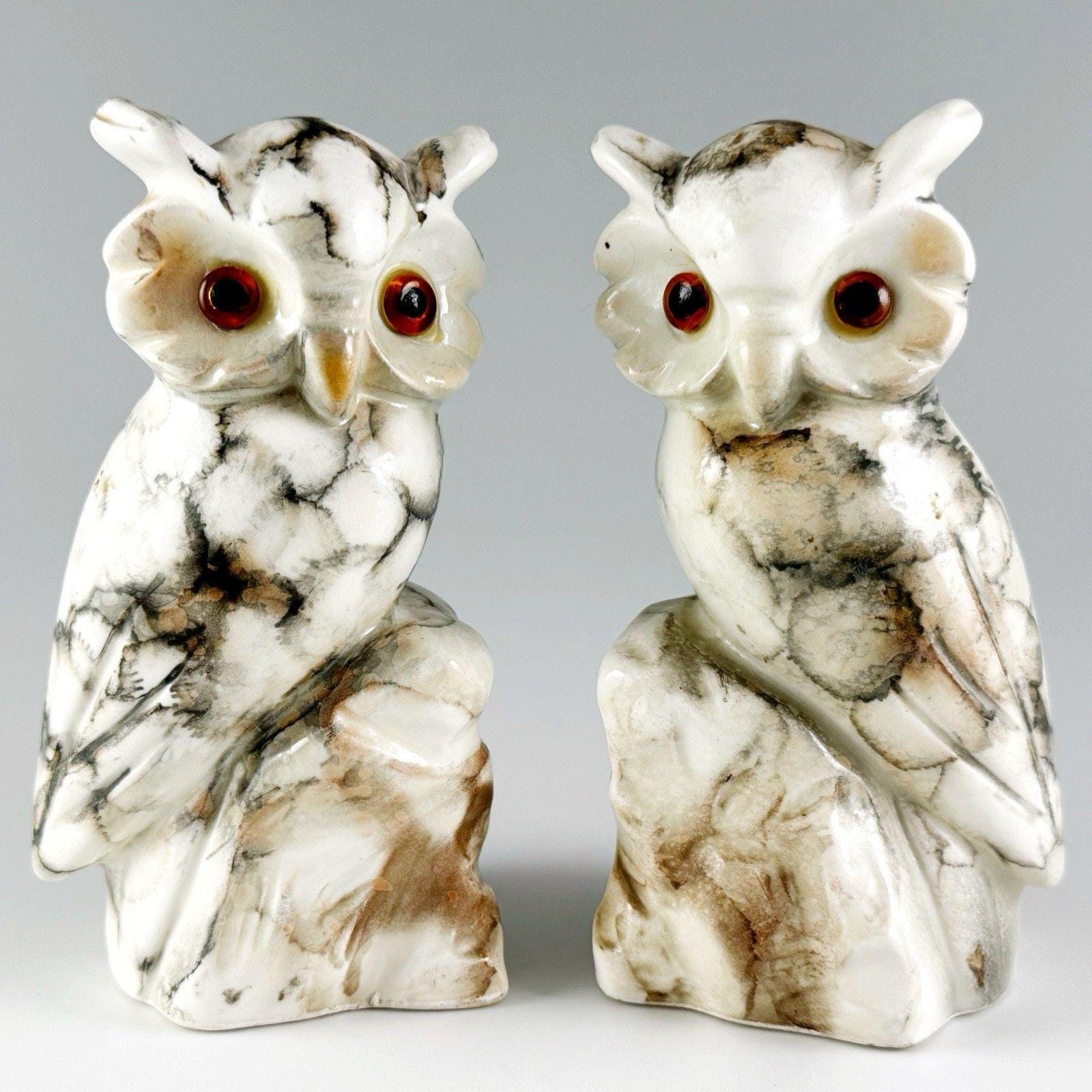 2 Enesco Faux Marble Ceramic Owl Figurines, Vintage Made in Japan