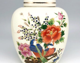 Enesco Porcelain Ginger Jar Birds Flowers Tea Caddy Gold Accents Temple Jar Canister Japan Vintage 1979
