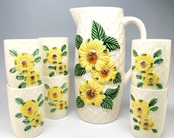 Vintage Enesco Tall Pitcher & 6 Cups, Ceramic Carafe With Hand Painted Yellow Daisies Flowers, Made In Japan