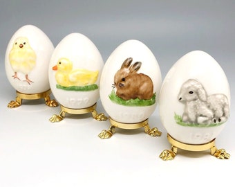 4 Goebel Annual Easter Eggs On Stands, Hand Painted Porcelain, Chick Duckling/Duck Bunny Rabbit & Lamb/Sheep, Vintage 1978 1979 1980 1981