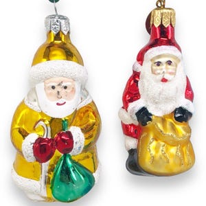 2 Hand-Blown Glass Santa Claus Christmas Ornaments, Vintage Made in Poland