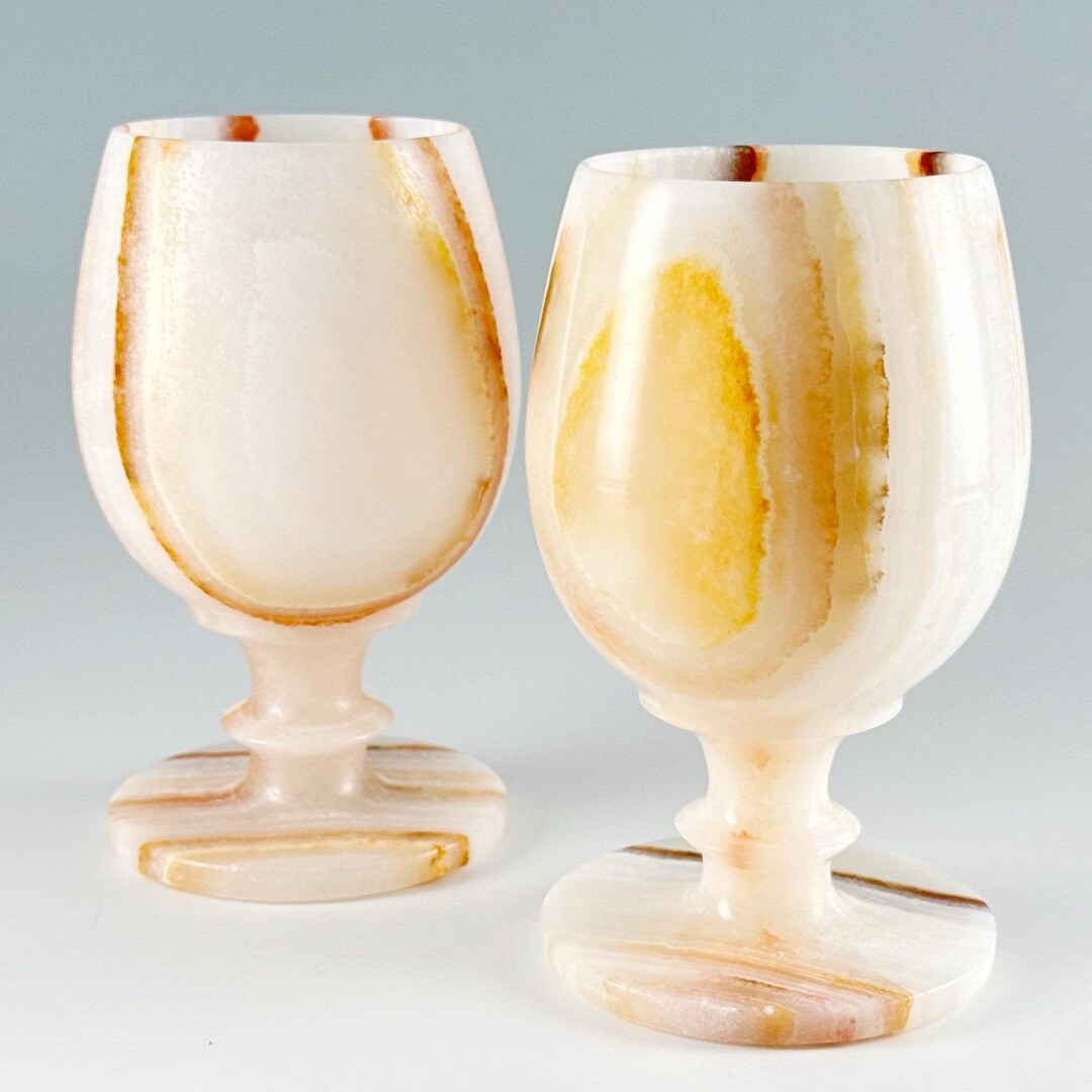 2 Hand Carved Translucent Banded Alabaster Goblets Chalice Snifter ...