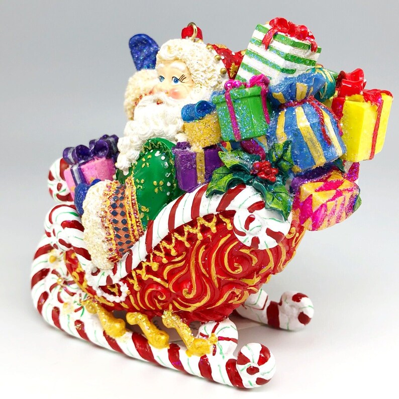 Christopher Radko Candy Ride Santa II, décoration de Noël en porcelaine peinte à la main, traîneau avec cadeaux, décoration de vacances vintage image 3