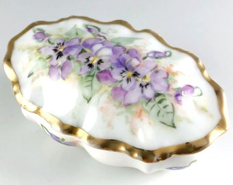 RS Prussia Trinket Box, Hand Painted Bone China, Floral Violet Flowers, Gold Trim Lidded, Vintage Antique Made in Germany