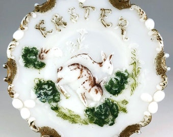 Dithridge EAPG Embossed Milk Glass Easter Plate, Rabbit Eggs & Cabbage, Seasonal Decor, Antique 1894