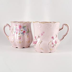2 H&C Haas and Czjzek Rosa Porzellan Floral Mugs, Porcelain Coffee Cups, Made in Czechoslovakia