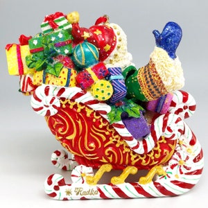 Christopher Radko Candy Ride Santa II, décoration de Noël en porcelaine peinte à la main, traîneau avec cadeaux, décoration de vacances vintage image 6
