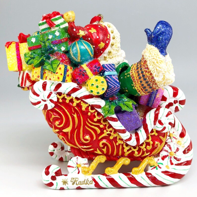 Christopher Radko Candy Ride Santa II, décoration de Noël en porcelaine peinte à la main, traîneau avec cadeaux, décoration de vacances vintage image 6