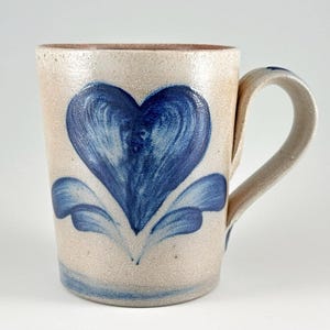 Vintage Rowe Pottery Salt-Glazed Stoneware Mug, Hand-Painted Cobalt Blue Heart