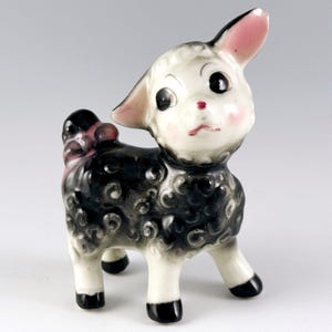 Anthropomorphic Kitschy Curly Lamb Figurine, Hand Painted Porcelain, Vintage Made in Japan