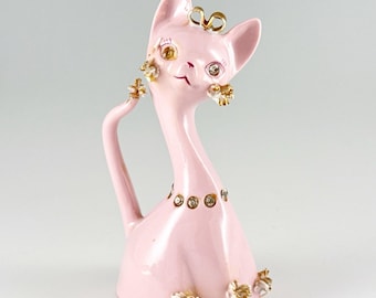Lefton Anthropomorphic Pink Spaghetti Cat Bell, Hand-Painted Porcelain Figurine, Vintage Made in Japan