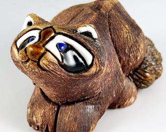 Artesania Rinconada Hand-Painted Pottery Raccoon Figurine, Vintage Handmade in Uruguay