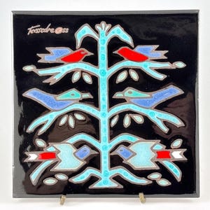 Cleo Teissedre Southwestern Birds Fliese, handbemalte glasierte Keramikkunst, Vintage, hergestellt in den USA