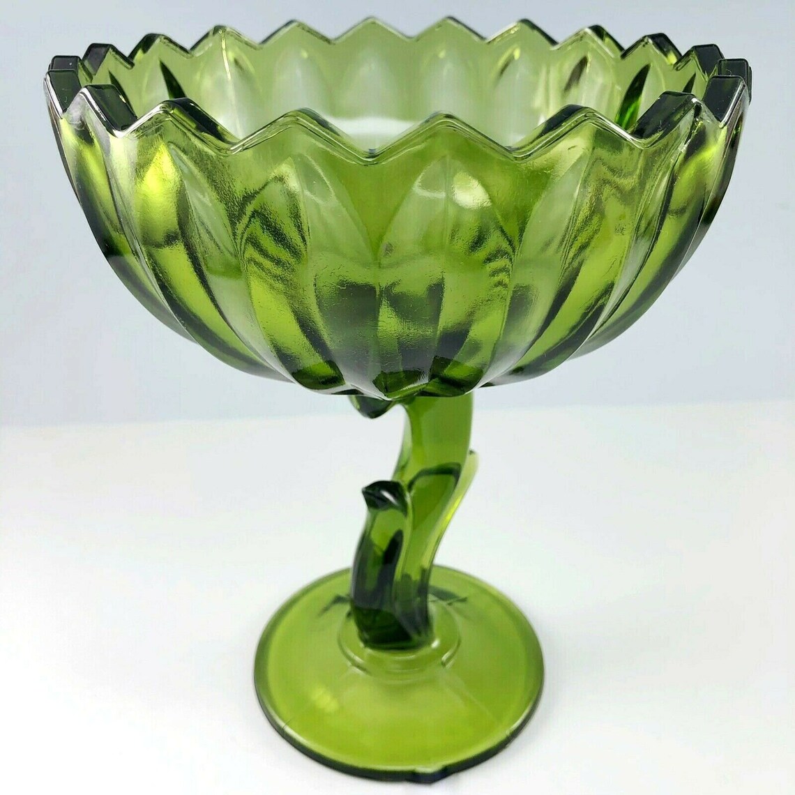 Indiana Glass Lotus Blossom Pedestal Bowl Olive Green Compote Etsy