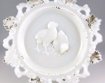 Westmoreland EAPG Milk Glass Easter Plate, Embossed Baby Chicks Birds, Pierced Reticulated Border, Seasonal Decor, Antique 1900