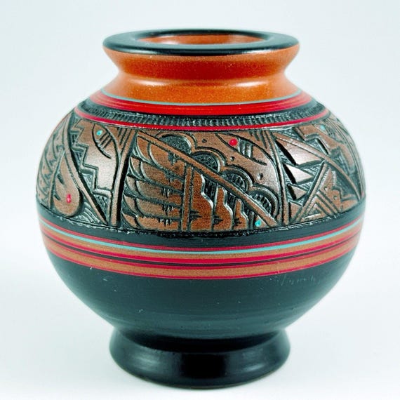 Herman Oliver Edgewater Pottery, Small Hand-carved Polychrome Pot