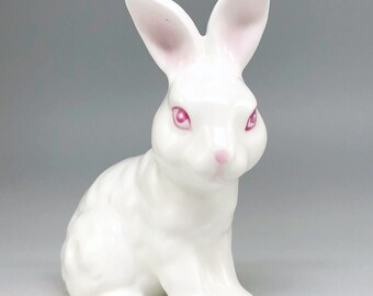 Flambro White Easter Bunny Figurine, Hand Painted Bone China, Pink Eyed Albino Rabbit, Vintage Made in Taiwan